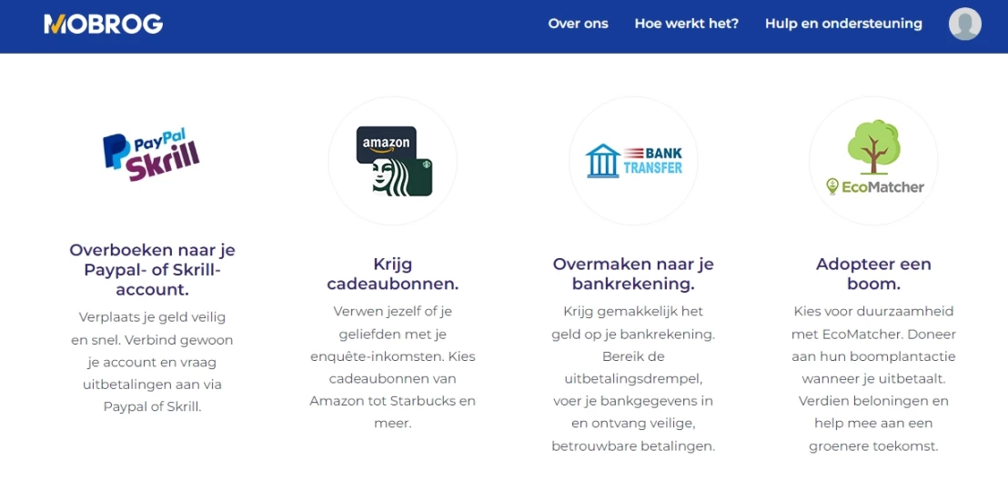 Startscherm in Mobrog geld verdienen met enquête op een betrouwbare manier