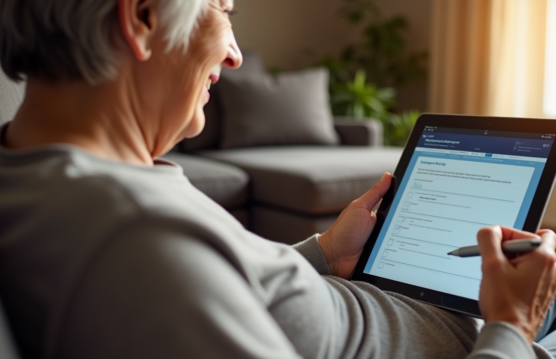 Een senior burger die comfortabel een online enquête invult op een tablet, met een gezellige woonkamer op de achtergrond.