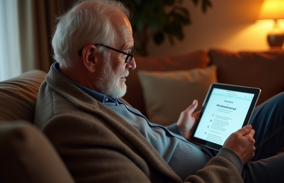 Een oudere man zit op de bank en vult meerkeuzevragen in van een betaalde enquete op een ipad.