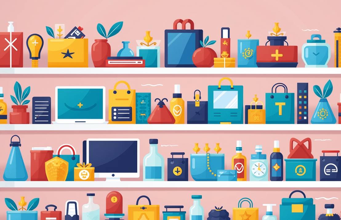 Een kleurrijke beloningswinkel gevuld met diverse items zoals cadeaubonnen, elektronica en kortingen, symboliserend de spannende mogelijkheden van online verdienen.
