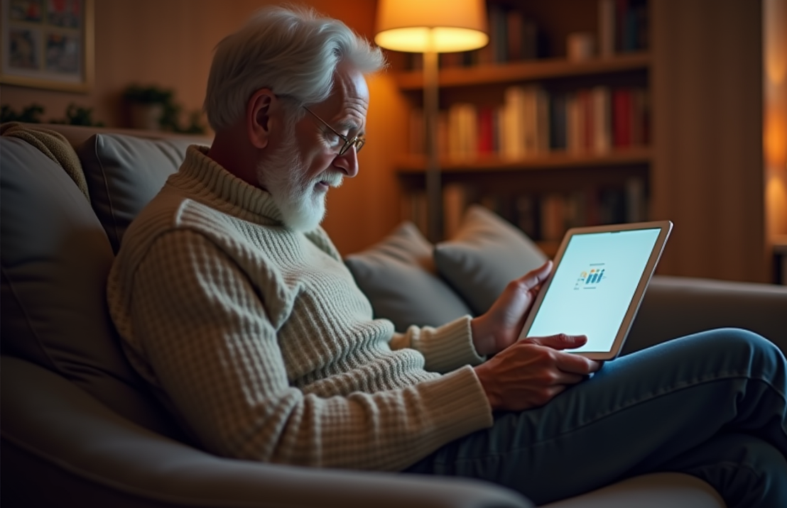 Een senior man vult een eenvoudige enquête in op een ipad