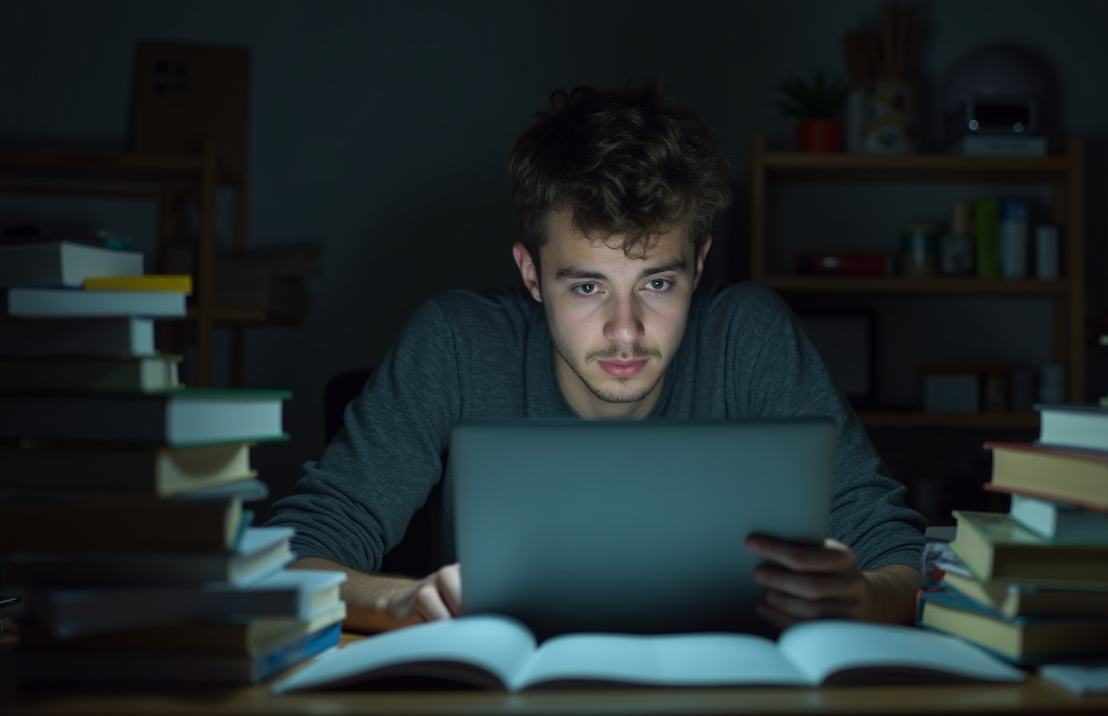 Gestresste student die online enquêtes invult tussen de boeken en laptop tijdens een late nacht.