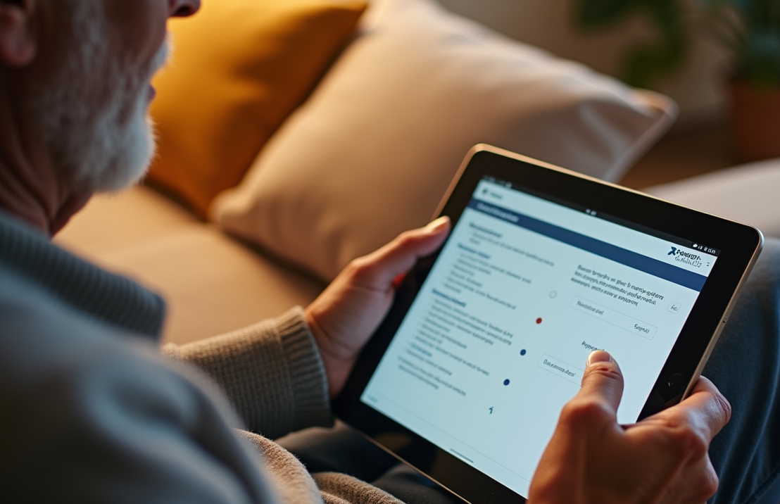 Een senior man die comfortabel een tablet gebruikt om een online enquête in te vullen, zittend op een gezellige bank.