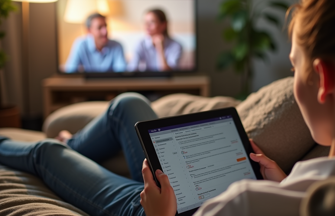 Student ontspant op de bank, vult enquêtes in op een tablet terwijl hij televisie kijkt.
