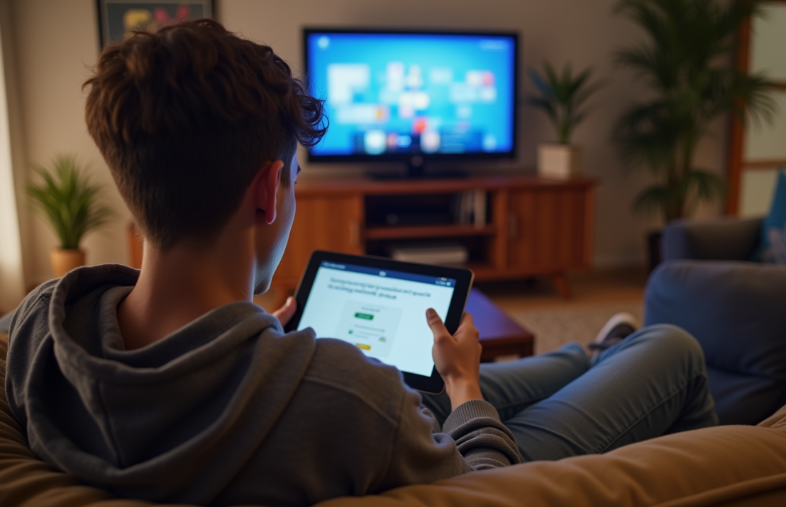 Student ontspant op de bank, vult enquêtes in op een tablet terwijl hij televisie kijkt.