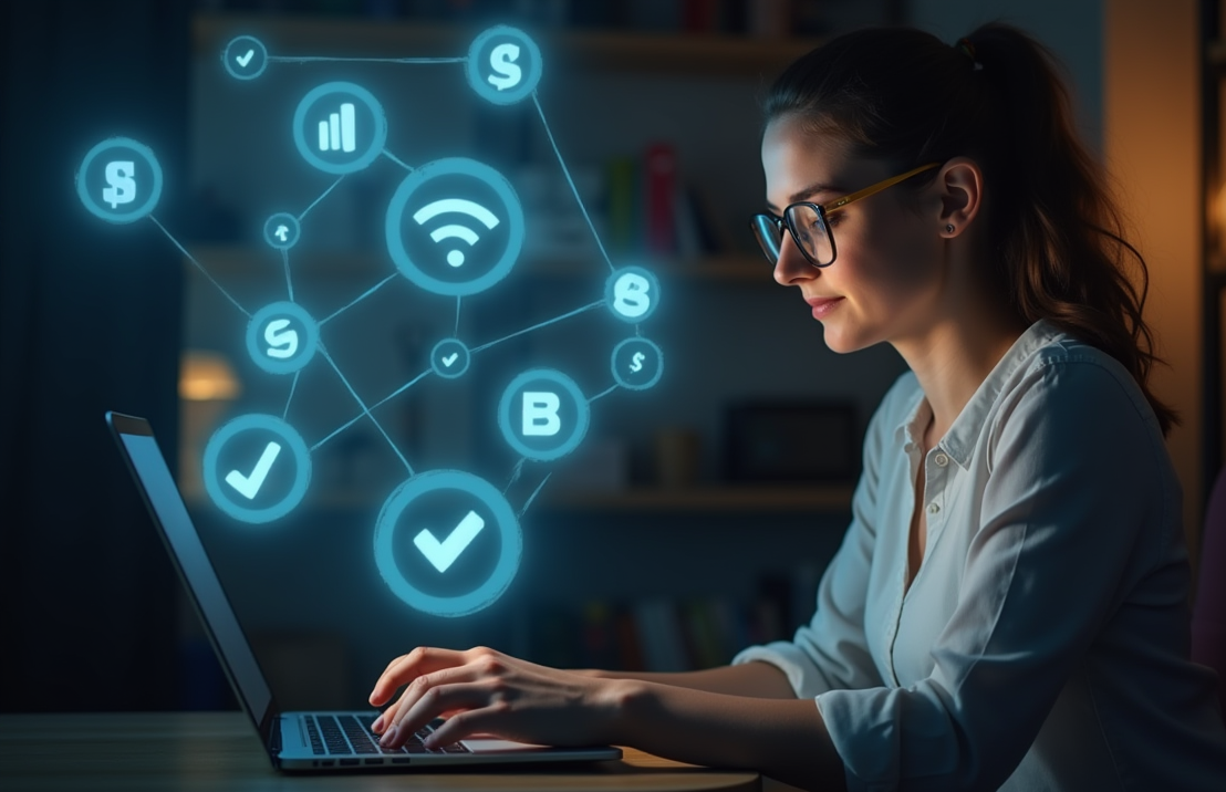 Een persoon die comfortabel op een laptop werkt, omringd door gloeiende iconen van verschillende enquête-websites, met een gevoel van ontspannen verdienen.