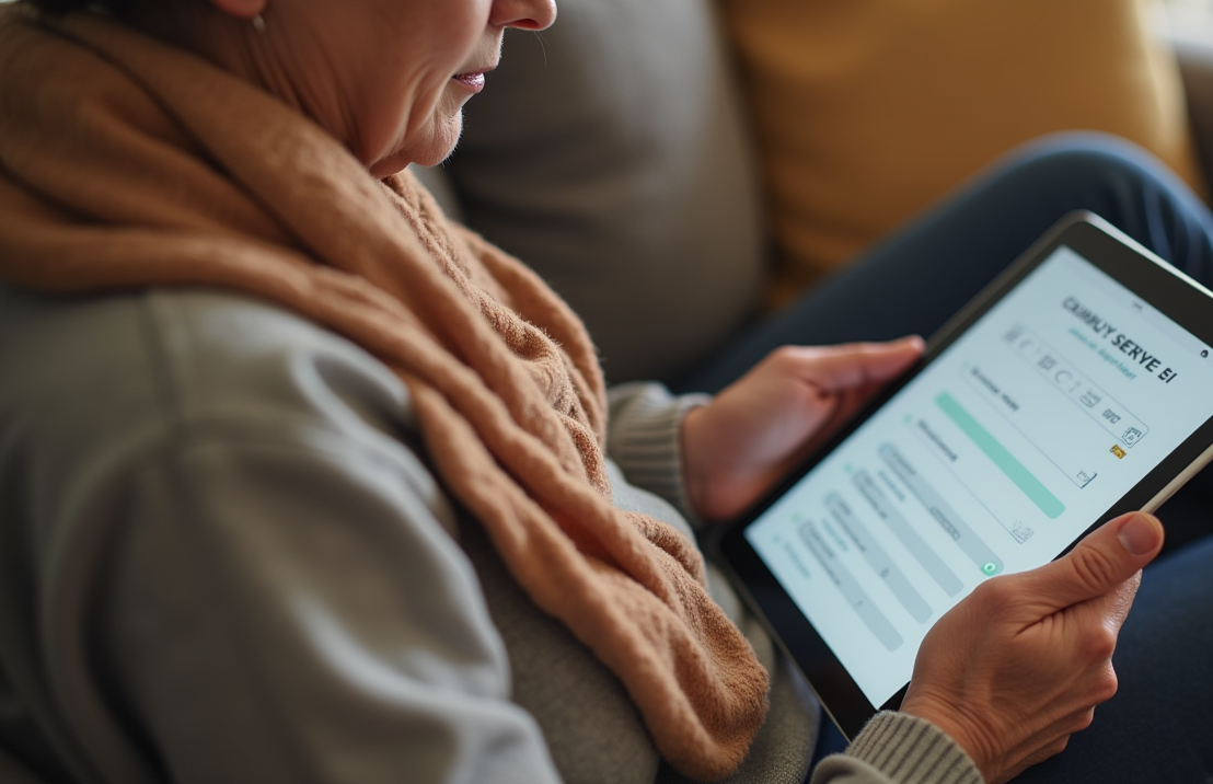 Een senior vrouw die comfortabel een tablet gebruikt om een online enquête in te vullen, zittend op een gezellige bank.