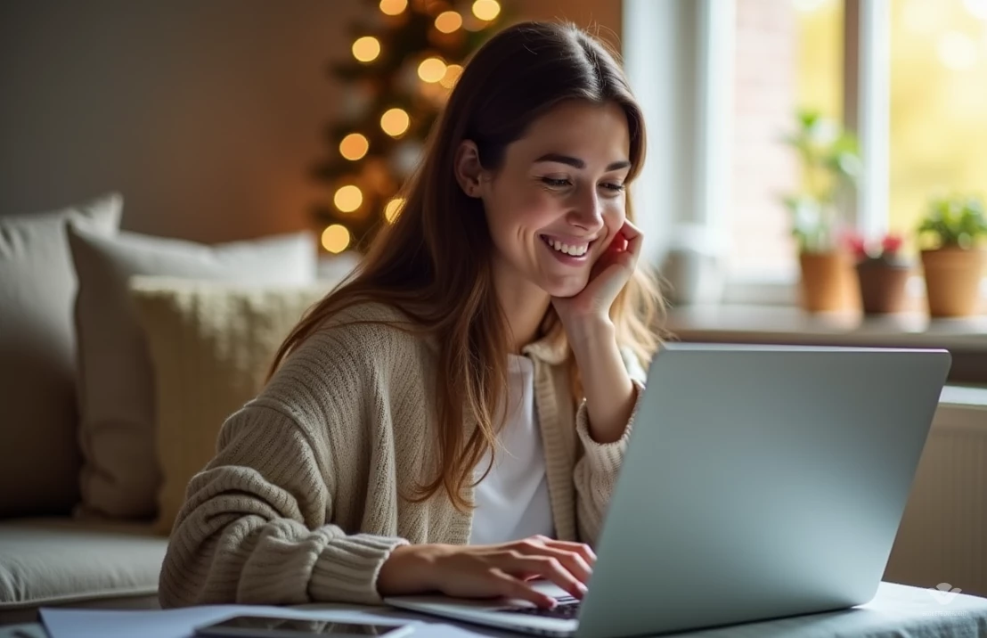 Vrouw zit achter laptop en vult betaalde enquêtes in om extra geld te verdienen