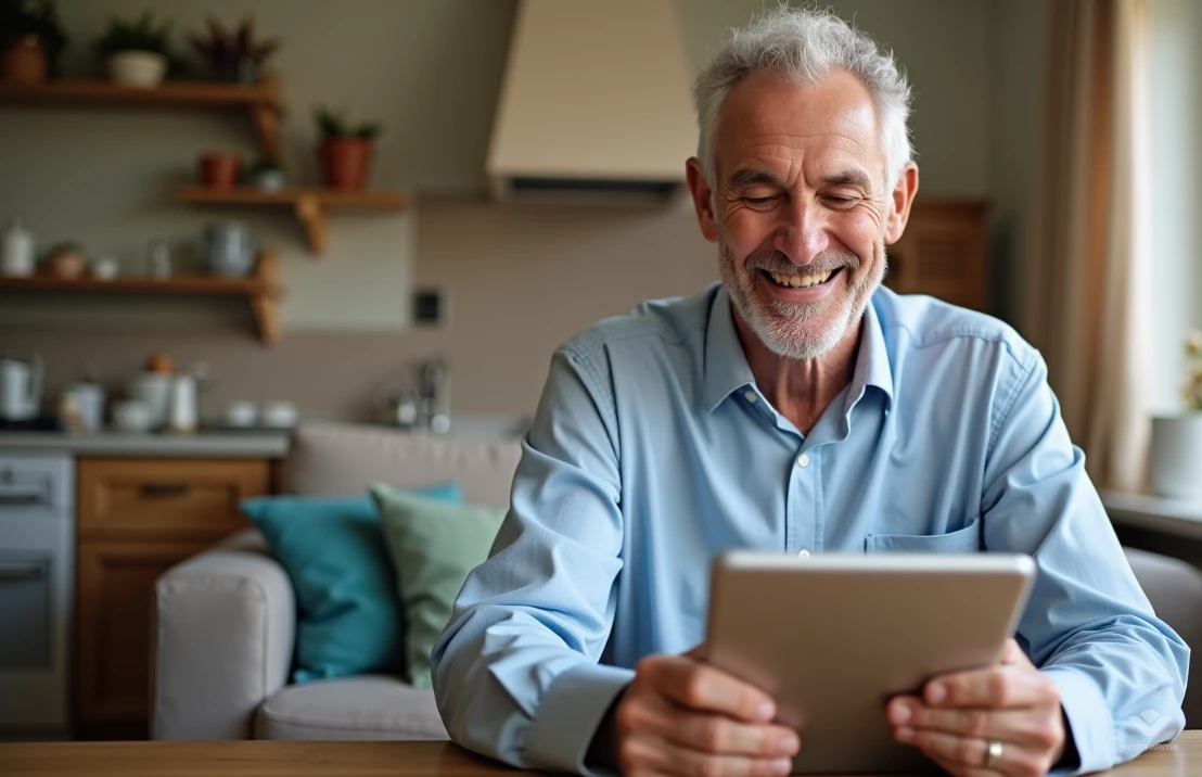Een iets oudere man vult op zijn tablet een betaalde enquête in om cadeaubonnen te verdienen of een extraatje