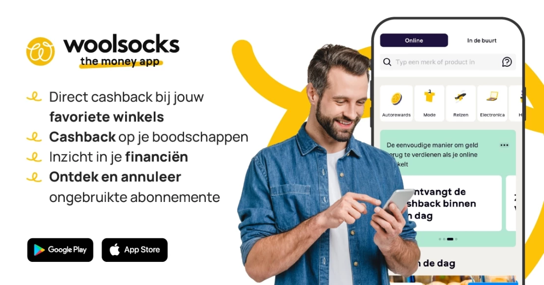 Overzicht van de woolsocks app waarmee je kunt besparen en cashback krijgt via je bankrekening