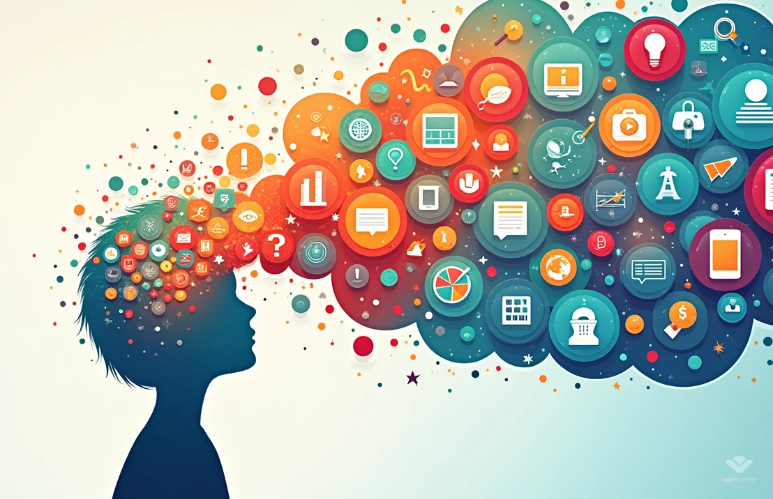 Een levendige en kleurrijke afbeelding van een persoon wiens gedachtenwolk gevuld is met productideeën en marketingstrategieën, gevormd door enquêteantwoorden. Digitale kunst, hoge details.