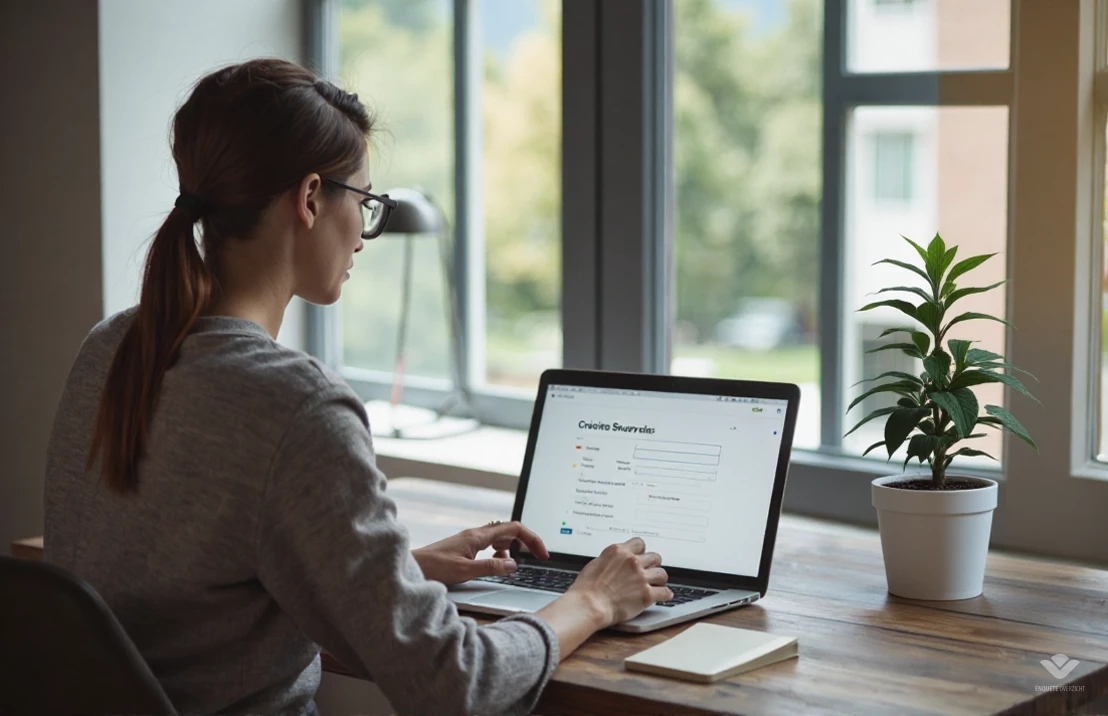 Een persoon zit geconcentreerd voor een laptop en vult een online enquête in. De setting is een moderne, minimalistische woonkamer met zacht licht.