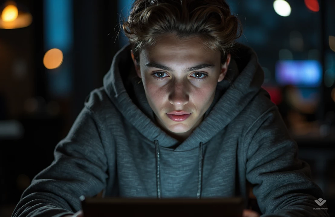 Een tiener die nadenkt over opties op een tablet, symboliserend het kiezen tussen enquêteplatforms.