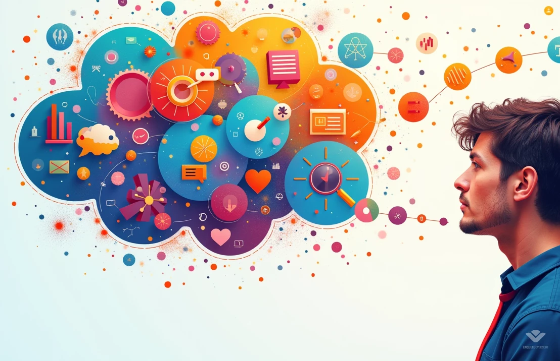 Een levendige en kleurrijke afbeelding van een persoon wiens gedachtenwolk gevuld is met productideeën en marketingstrategieën, gevormd door enquêteantwoorden. Digitale kunst, hoge details.