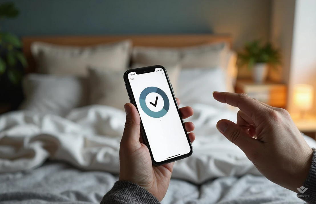 Een smartphone waarop een afgeronde online enquête staat, vastgehouden door een tienerhand. De achtergrond is een vage, gezellige slaapkamer.