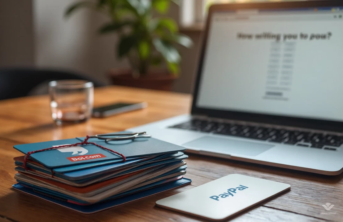 Een stapel cadeaubonnen (Bol.com, Wehkamp) en het PayPal-logo op een houten bureau. Op de achtergrond staat een laptop met een enquêtevraag.