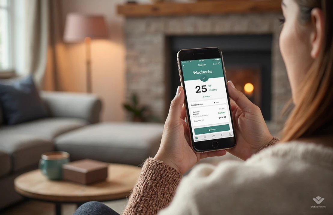 Close-up van een smartphone met de Woolsocks app op het scherm, die laat zien dat er cashback is verdiend bij een recente online aankoop. De achtergrond is wazig en toont een gezellige woonkamer met zacht licht.