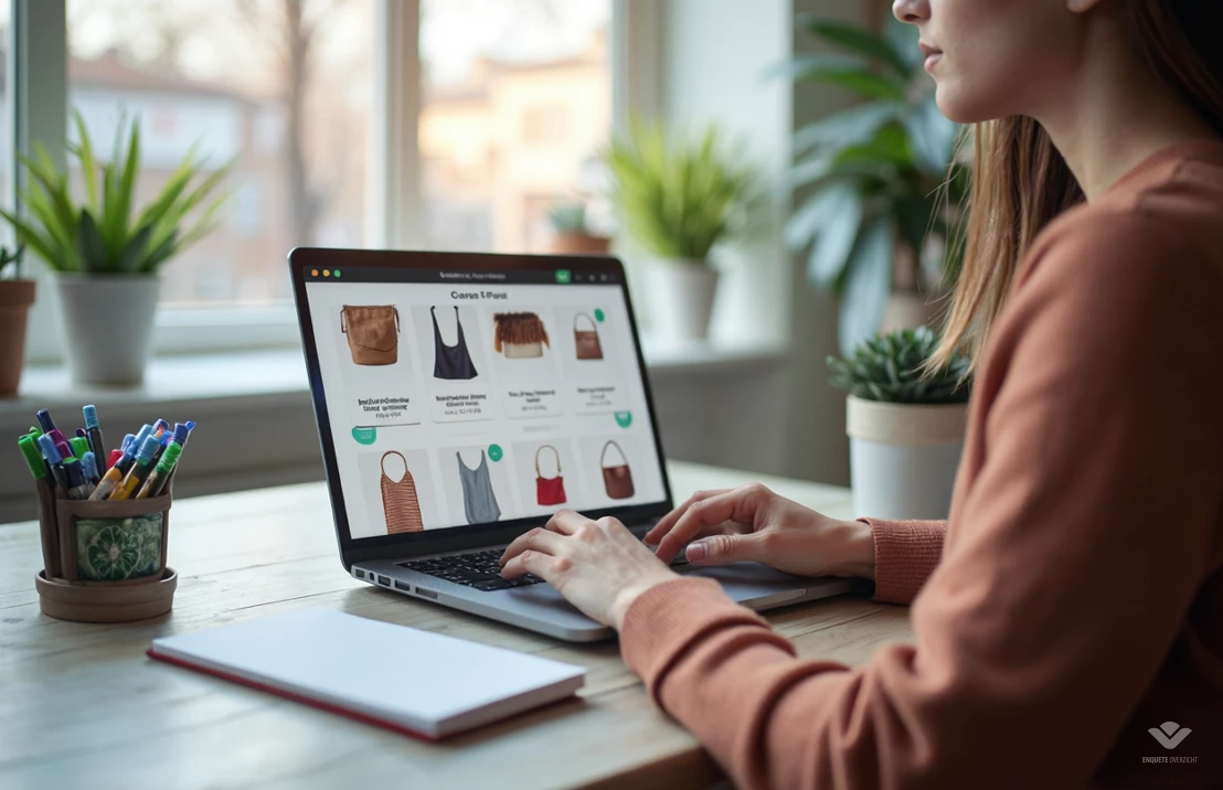 Een persoon die comfortabel online winkelt op een laptop, met een subtiele overlay van cashback-iconen op het scherm. De omgeving is een lichte en luchtige thuiswerkplek.