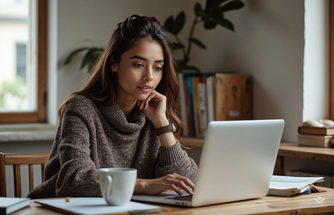 Een jonge vrouw zit achter een bureau met een laptop en boeken. Ze lijkt geconcentreerd te werken.