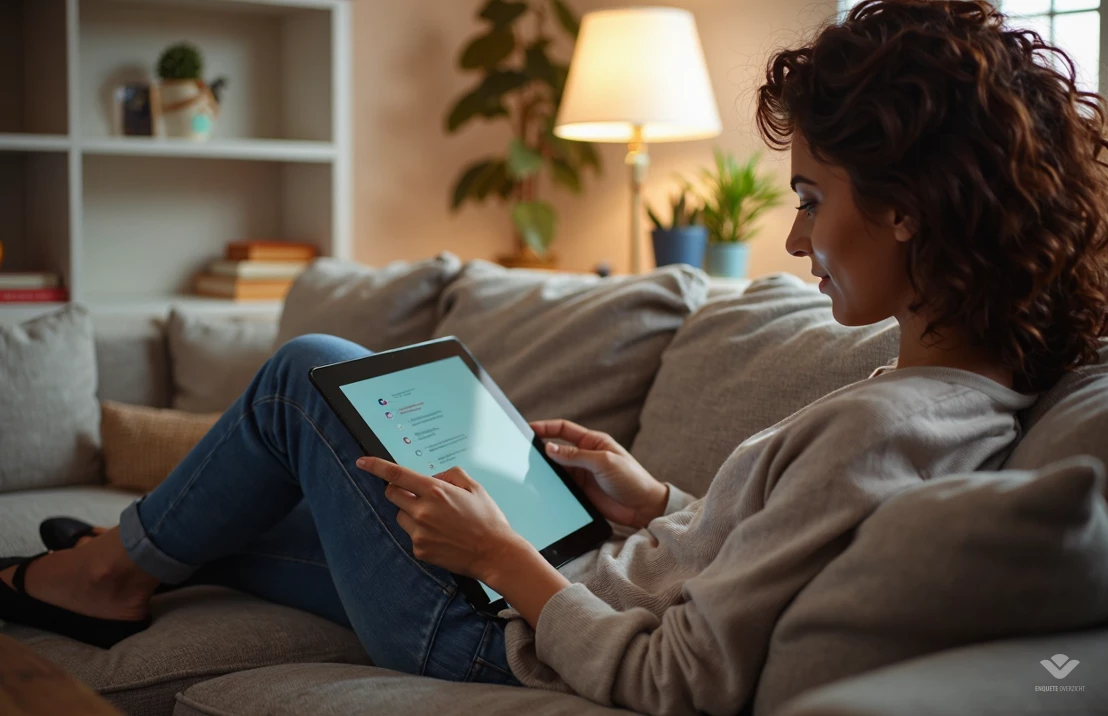Een fotorealistische afbeelding van een persoon die thuis op de bank ontspant en comfortabel een enquête invult op een tablet. Zachte, warme verlichting en een gezellige omgeving benadrukken het gemak en de comfort van geld verdienen thuis.