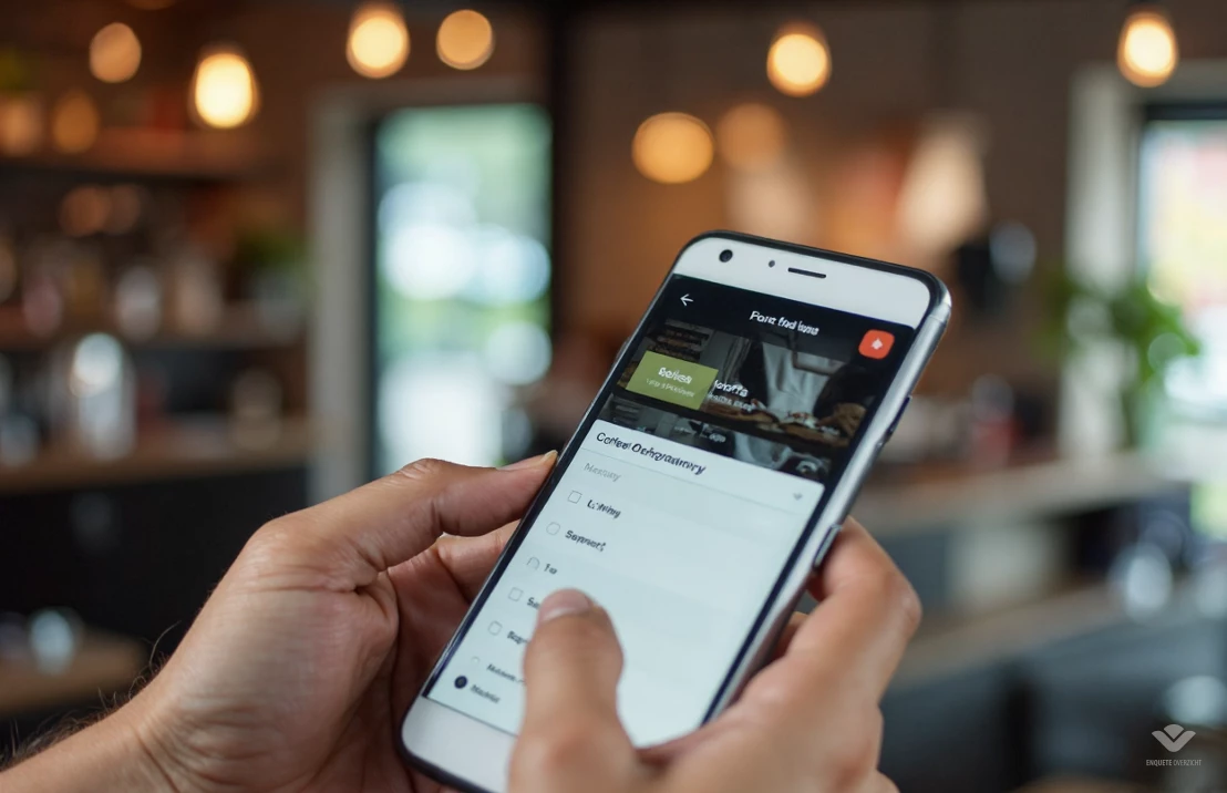 Een close-up foto van handen die een smartphone vasthouden met een enquêtevraag op het scherm. De achtergrond is wazig en toont een koffiebar, wat gemak en onderweg verdienen benadrukt.