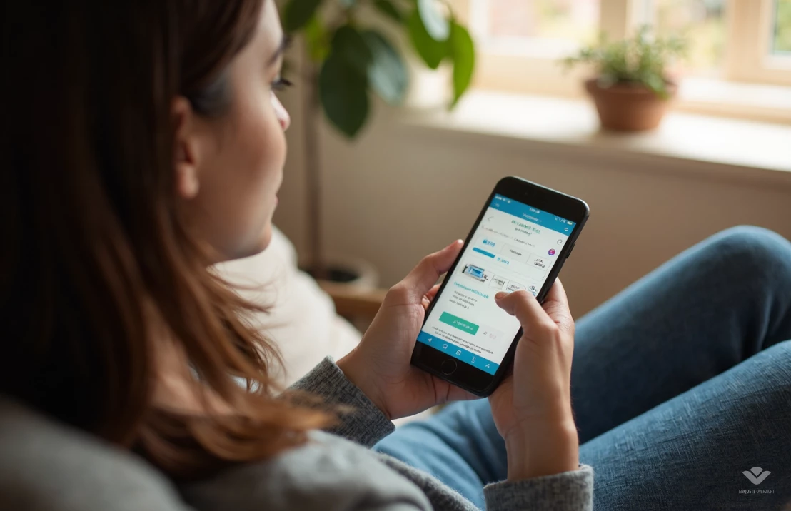 Een serene afbeelding van een persoon die ontspant op een bank met een smartphone in de hand, de LifePoints-app bekijkend. Zachte, warme verlichting en een gezellige sfeer.