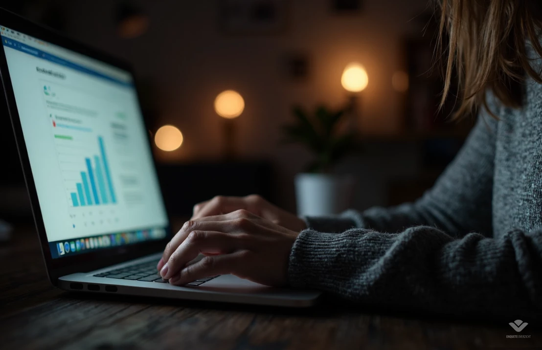 Een vrouw typt op een laptop in een donkere kamer, wat de inspanning om extra geld te verdienen benadrukt.