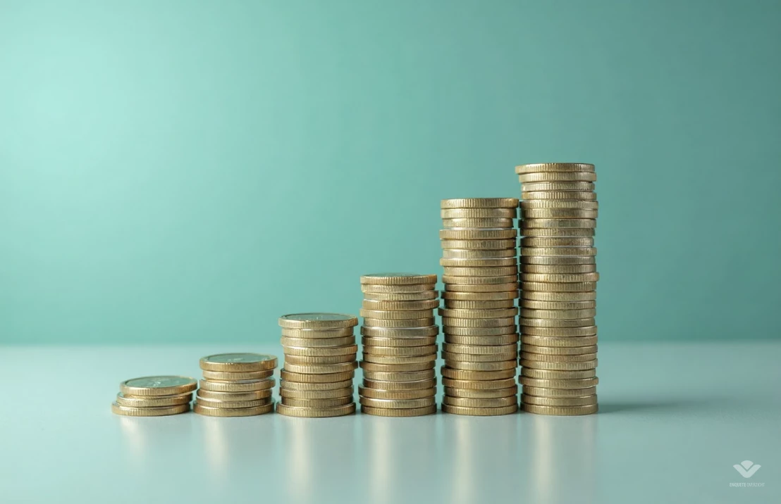 Een minimalistische, digitale weergave van een stapel munten die geleidelijk hoger wordt, wat consistente spaargelden en kleine winsten over de tijd symboliseert. Achtergrond is een zachte gradiënt van blauw en groen.