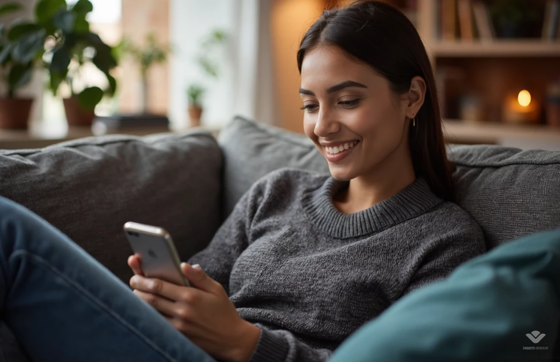 Een serene afbeelding van een persoon die ontspant op een bank met een smartphone in de hand, de LifePoints-app bekijkend. Zachte, warme verlichting en een gezellige sfeer.