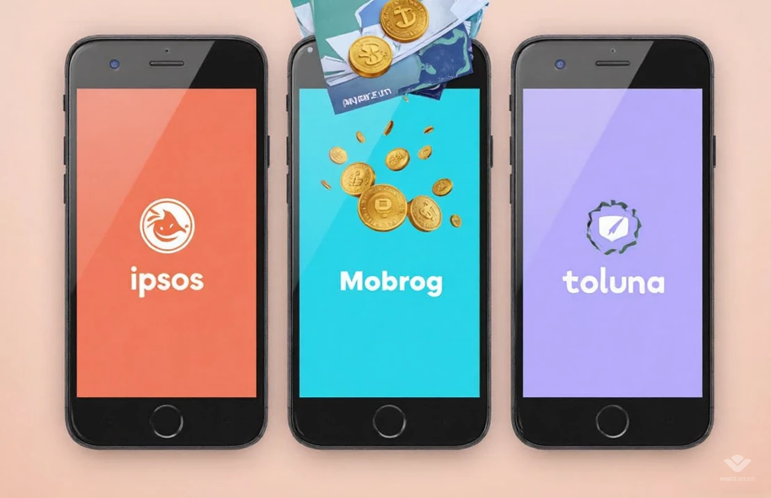 Een split-screen foto met de top drie verschillende smartphone-schermen, waarop naast elkaar Ipsos iSay, Mobrog en Toluna te zien is. Een subtiele afbeelding van munten of cadeaubonnen zweeft boven de schermen, wat het verdienpotentieel weergeeft.
