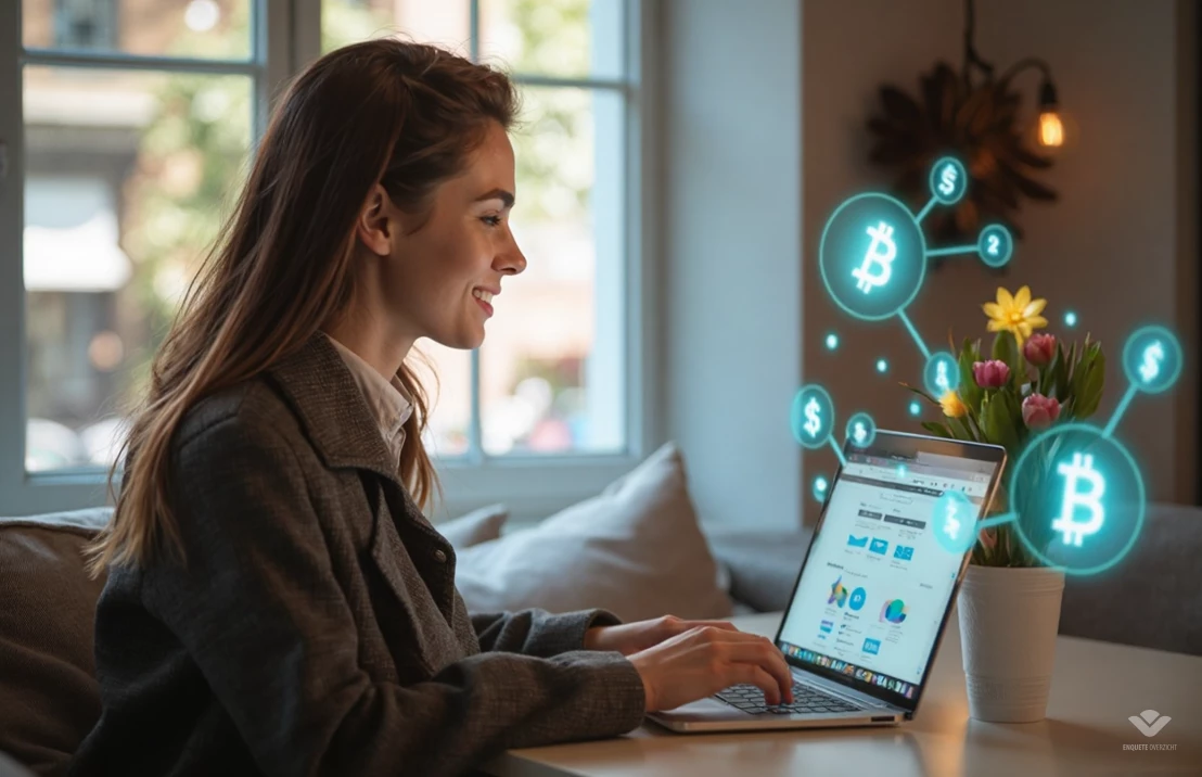 Een realistische foto van een persoon die vrolijk online winkelt op een laptop, met subtiele digitale valutasymbolen. Het roept een gevoel van financiële vrijheid en gemak op.