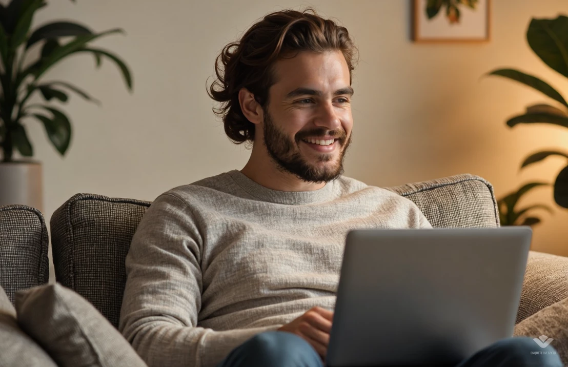 Op de bank zitten en tegelijkertijd wat geld bij verdienen? Deze jongeman doet dat met het invullen van betaalde enquêtes.