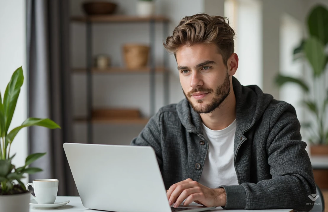 Jonge man zit achter laptop en vult online enquetes in om wat geld bij te verdienen.