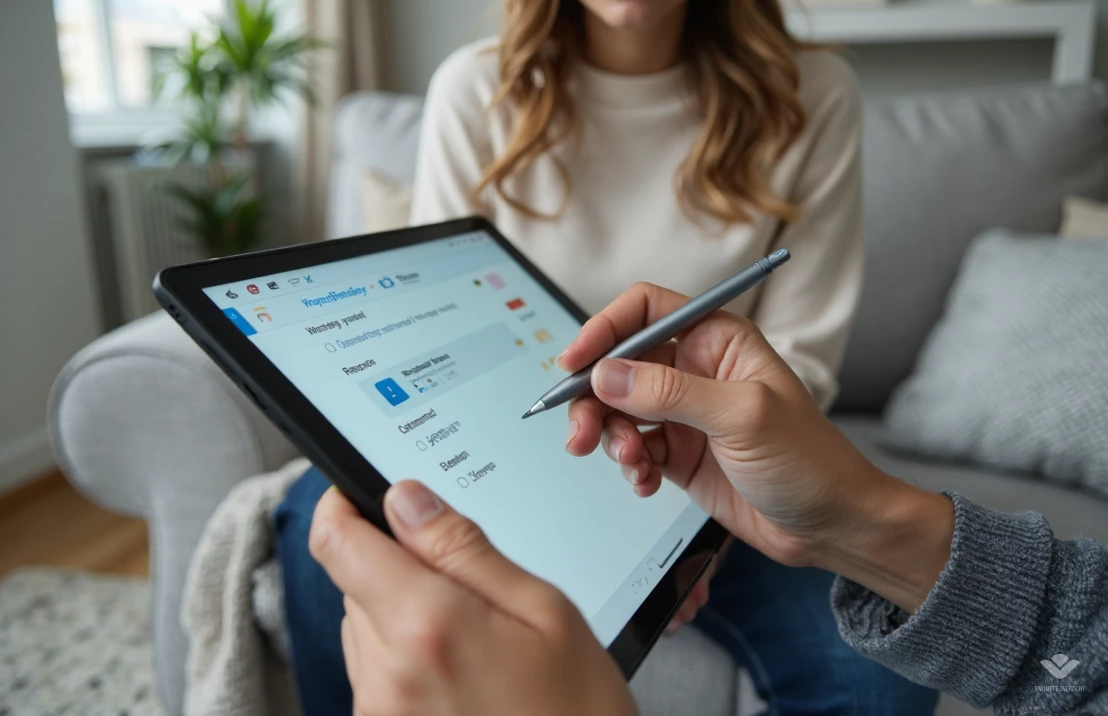 Een close-up, fotorealistische afbeelding van iemands handen die een online enquête invullen op een tablet. De achtergrond is wazig, met een comfortabele woonkameromgeving.