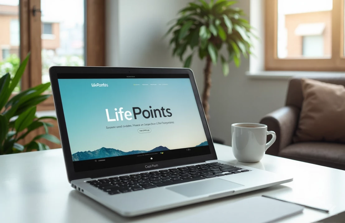 Een moderne, minimalistische werkplek met een laptop waarop de LifePoints-website te zien is. Zachte, natuurlijke verlichting verlicht de scène, met de nadruk op het scherm en een kop koffie.