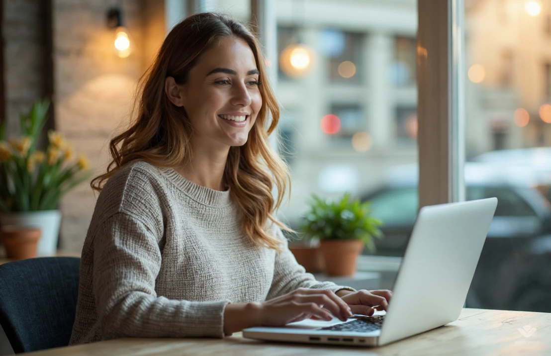 Een realistische foto van een persoon die vrolijk online winkelt op een laptop, met subtiele digitale valutasymbolen. Het roept een gevoel van financiële vrijheid en gemak op.